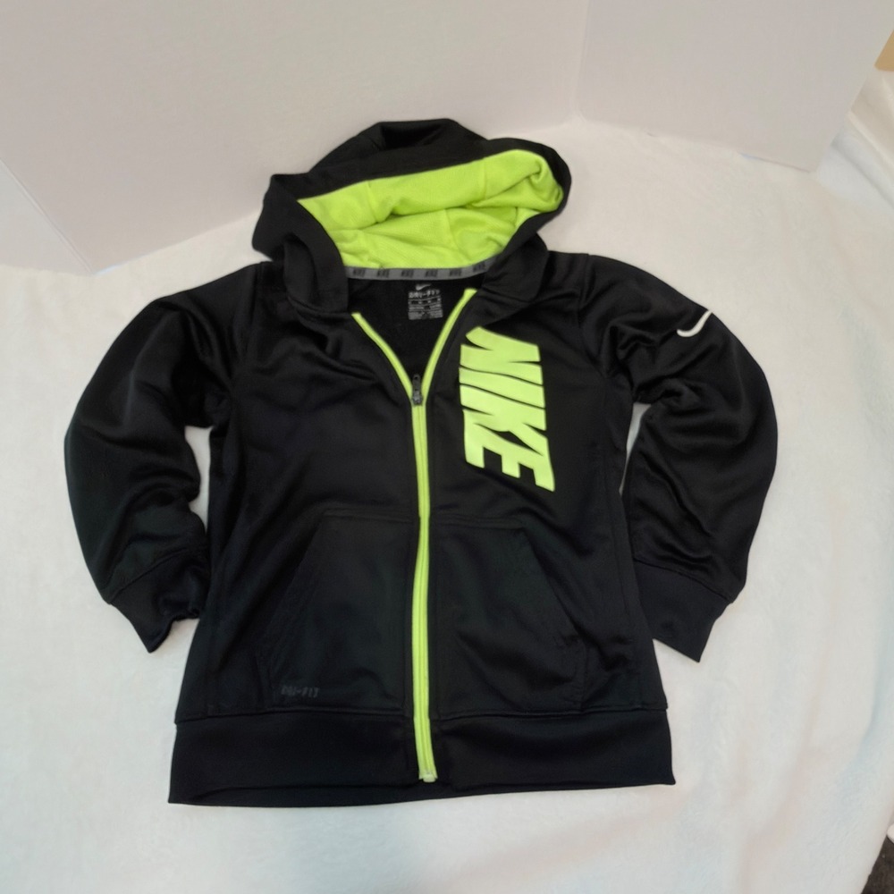 Nike Dri-FIT Hoodie Kids Size 6 Black Neon Green Good Zip Up Sweatshirt